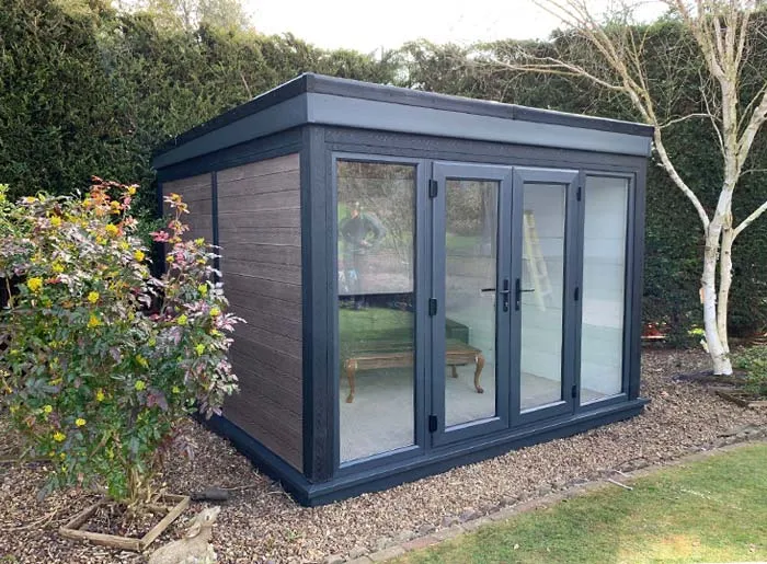 Compact dark garden room beside a silver birch