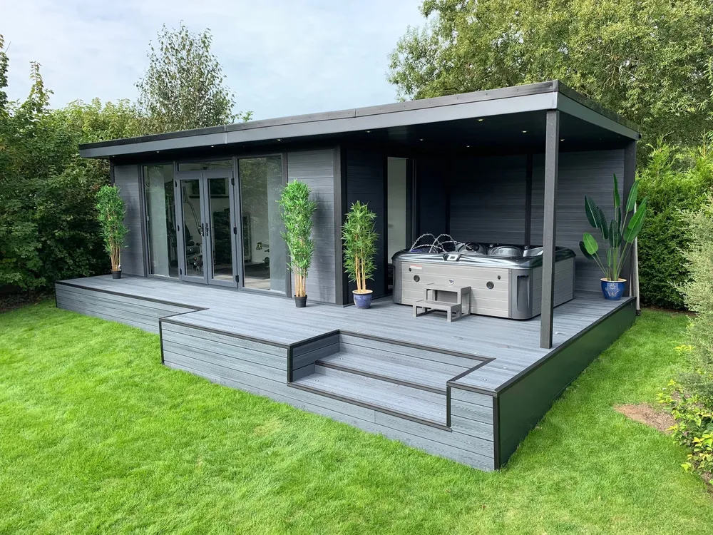 Garden room with composite decking and hot tub